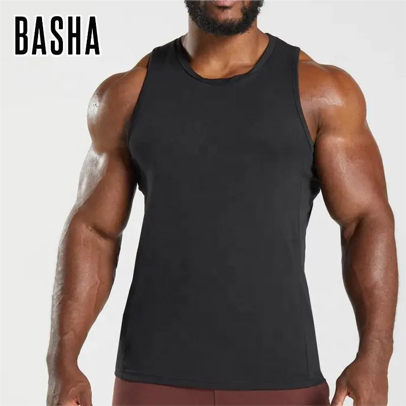 BASHAsports OEM Customize LOGO Men 100%Cotton Extended Neck Blank Vest Oversized Loose Tank Top heavyweight Sleeveless T shirts