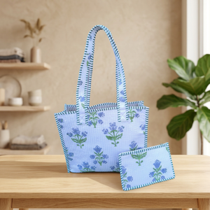 Hand Block Printed Indian Handmade Cotton White Shopping Tote Bag Set with Pouch 2Pcs Women Quilted Shoulder Bag Large <b>Beach</b> Bag - Product Image 3