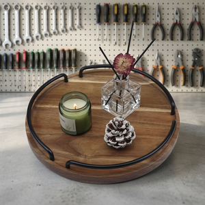 Plateau de service rond en bois et marbre blanc de style moderne avec poignée, design minimaliste jetable - Product Image 2