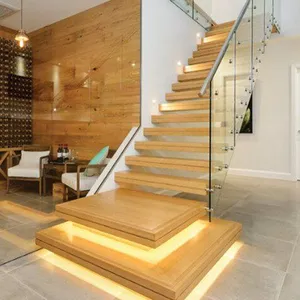 American Modern Standard 12mm Floating Stairs Beam Solid Wood Tread 80mm With LED Light With Standoff Railing Straight Staircase