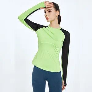 YHT-medias deportivas de dos tonos para mujer, Top de manga larga para gimnasio y Yoga, ropa de entrenamiento de secado rápido
