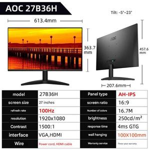 สำหรับจอภาพ Aoc ขนาด 27 นิ้ว FHD 1080p 100Hz IPS LED ติดผนังได้ ป้องกันสายตา แสงสีฟ้าต่ำ รองรับ VESA Mount - Product Image 6
