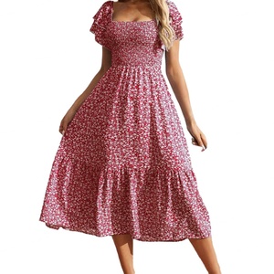 Wholesale Customized OEM/ODM High Quality <b>Dress</b> Square Neck Bubble Sleeve Floral <b>Dress</b> Casual Long <b>Dress</b> - Product Image 1