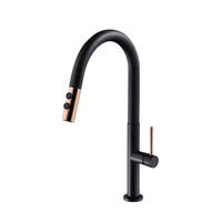 Keran Dapur Kuningan Tarik-Naik Desain Klasik Air Panas/Dingin Pegangan Tunggal Terpasang di Dek Katup Keramik Hitam + Rose Gold