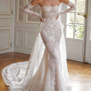 Vestido <span class=keywords><strong>de</strong></span> <span class=keywords><strong>Novia</strong></span> <span class=keywords><strong>de</strong></span> Encaje Francés Vintage Ruolai WTH361, Estilo <span class=keywords><strong>Sirena</strong></span>, Hombros Descubiertos, Sin Tirantes, con Cola Desmontable - Product Image 1