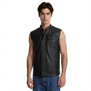 Chaleco de Moto para Hombre, de Cuero Genuino, Transpirable, para Invierno, con Cuello Mao, Bolsillo Frontal, Largo Regular, Color Sólido - Product Image 1
