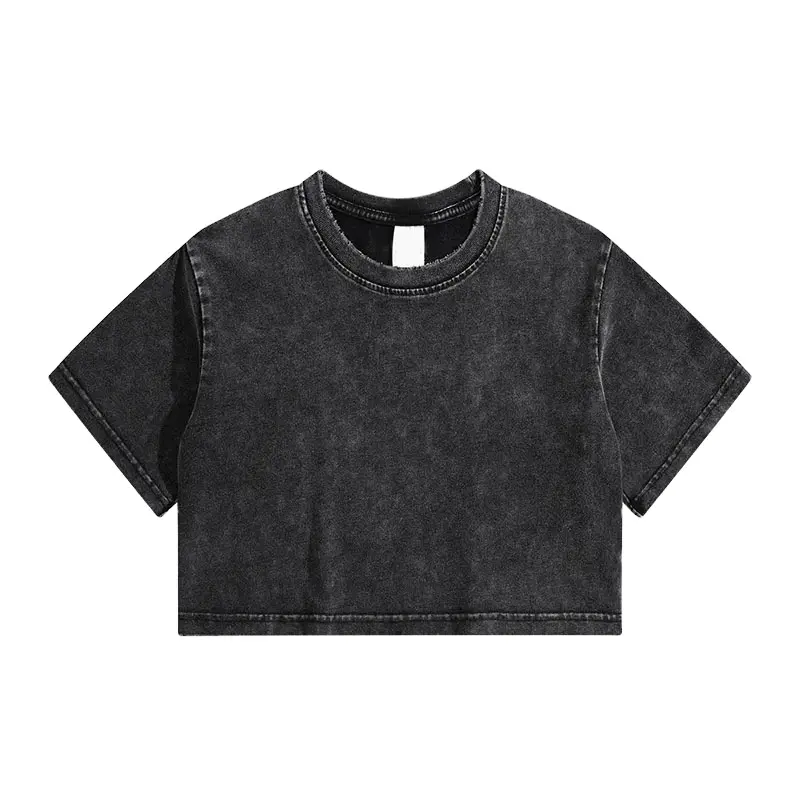 Camiseta corta en blanco de cuello redondo de algodón puro de verano personalizada ropa de calle lavado ácido Vintage Camiseta corta de gran tamaño para mujer