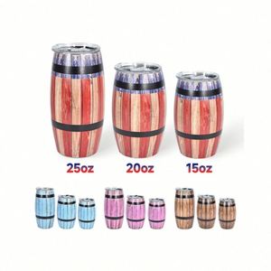 Mug en forme de baril 25oz 20oz 15oz avec couvercle, en acier inoxydable 304, design créatif grain de bois, pour bière, vin et autres boissons - Product Image 1