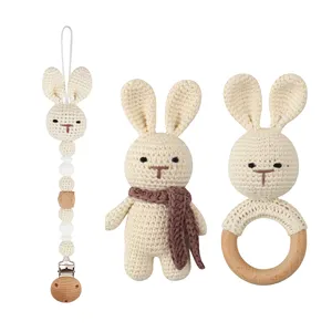 Natural Baby Bunny Stuffed Animal Rattle Crochet Cotton Toy Gift Set Crochet Bunny Teether