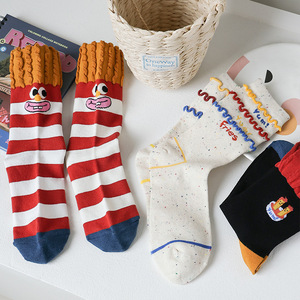 Chaussettes pour femmes en soie tricotées mi-mollet à la mode dessin animé mignon Ins corps laid drôle pour les étudiants du printemps et de l'automne frites - Product Image 1