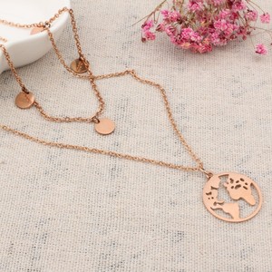 Fine4U F4U-N223 En Gros En Acier Inoxydable Rondes Monde <span class=keywords><strong>Carte</strong></span> Or Double Chaînes Collier - Product Image 5
