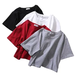 Women Short Sleeve T-shirt Cotton Solid Color Crop Top Tee Ladies Summer Loose Kpop Student Chic Fashion Tunic Cute Daily Basic