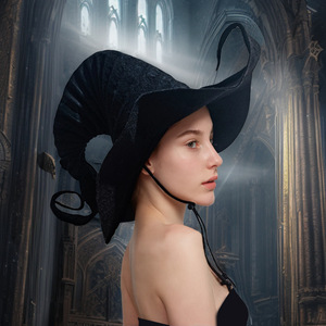 Sombrero de bruja plisado negro de talla única con cordón, accesorio para disfraz de Halloween - Product Image 2