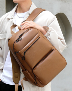 Black PU Leather Laptop <b>Backpack</b> Large Capacity Business Travel School Bag Water Resistant Soft Handle - Product Image 3