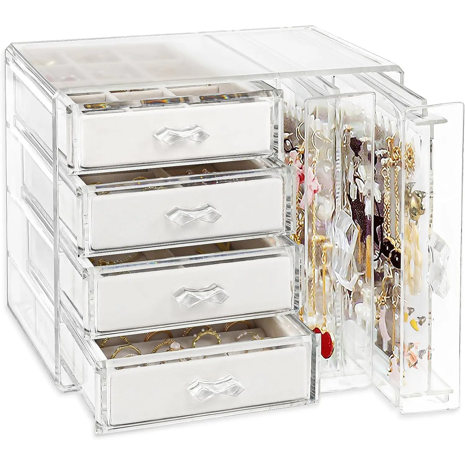 Clear Earring Holder Jewelry Necklace Hanging Display Case Acrylic Jewelry Organizer Box with 4 Velvet Drawers for Women Girls