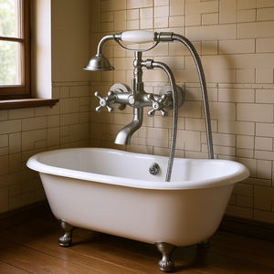 Robinet de baignoire mural vintage en nickel brossé avec douchette à main et jet de pluie, installation 3 trous - Product Image 2