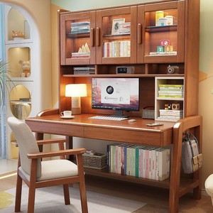 โต๊ะคอมพิวเตอร์ไม้เนื้อแข็งพร้อมชั้นวางหนังสือ 80x60x190 ซม. สำหรับโฮมออฟฟิศห้องอ่านหนังสือโต๊ะเขียนหนังสือ - Product Image 1