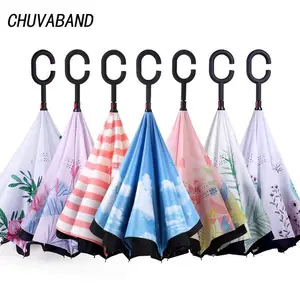 Chuvaband guarda-chuva, novo venda por atacado, logotipo personalizado, estampado, tecido duplo, à prova de vento, punho em forma de c, invertido para baixo