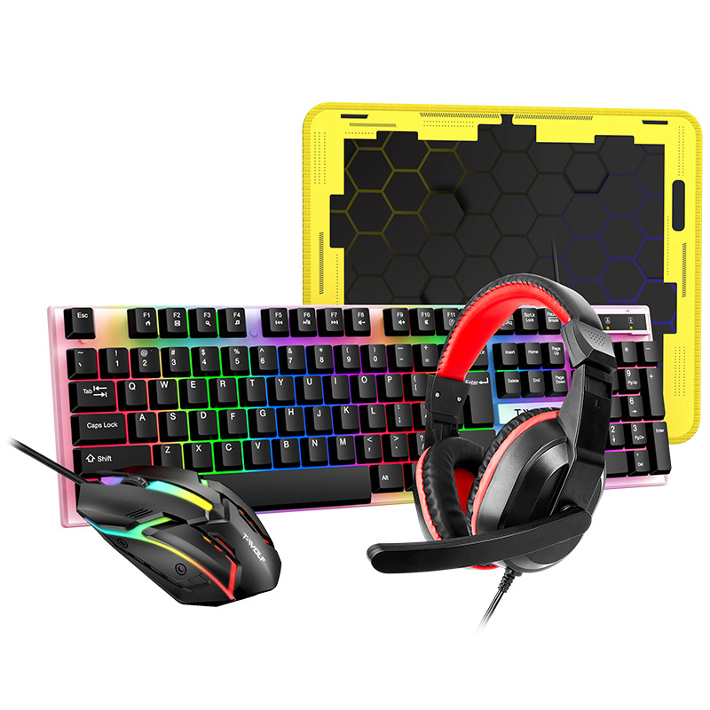 TWOLF 4IN1 TF240 Backlit Wired Gaming Mouse Keyboard Combo Gamer with Rbg Backlight Earphone Mouse Pad for Pc Gaming Office