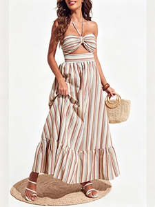 Vestido de mujer Manny Sunshine con detalles calados, bajo con volantes a rayas, plisado frontal, estilo bohemio y espalda descubierta, modelo Bangkok - Product Image 1