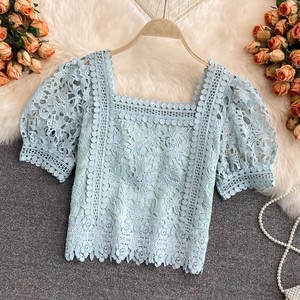 Top court à manches bouffantes en dentelle ajourée, style niche M <span class=keywords><strong>L</strong></span> Design Sense, <span class=keywords><strong>haut</strong></span> féminin taille haute et girly - Product Image 5