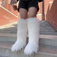 Bottes d'hiver pour femmes en fausse fourrure noire, doublure en peluche solide, talon bas plat, à enfiler, mode, hauteur genou, EVA