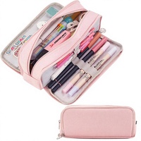 Trousse à crayons en tissu de grande capacité à 3 compartiments avec fermeture à glissière, pochette à stylos pour l'école, pour adolescentes, garçons, hommes, femmes (rose)