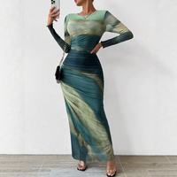 Livraison rapide C251125 Robe maxi en maille tie-dye pour femme, décontractée, à manches longues, moulante, pour tous les jours