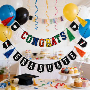 <span class=keywords><strong>Guirlande</strong></span> de lettres multicolores en papier assemblée à la main, faite à la main, prix usine EASTTERN, ensemble de bannière de fête de remise de diplôme avec pompons - Product Image 1