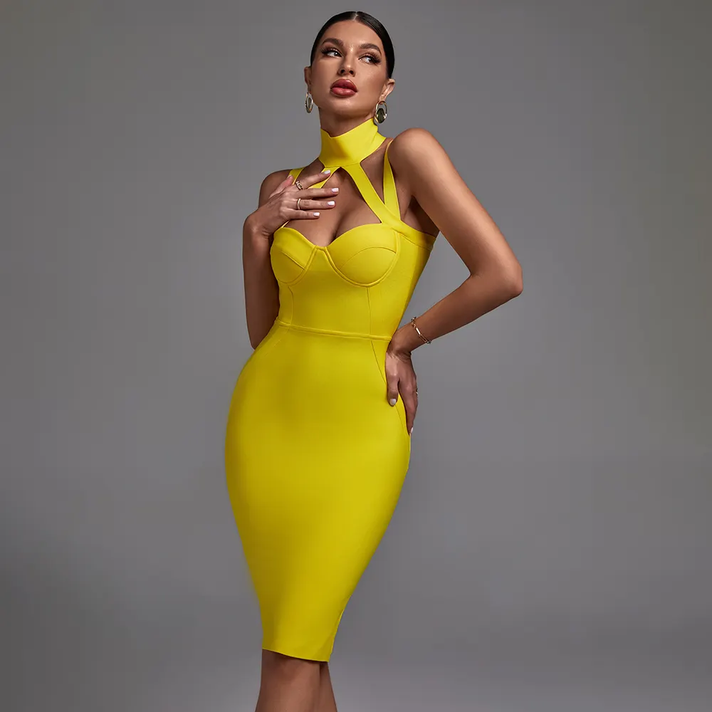 Fashion Design Turtleneck Yellow Slip Slit Dress Hollow Out Bodycon Empire Waist Dress Casual Womens Dresses