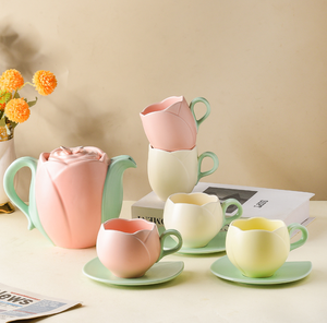 Elegante <span class=keywords><strong>Taza</strong></span> de Café de Cerámica con Relieve 3D Pintado a Mano, Diseño de Tulipán Rosa, con Platillo, Ideal para Regalo - Product Image 1