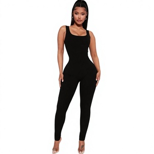 Women's <b>Black</b> High Waist Full Length Knitted <b>Jumpsuit</b> Sleeveless Square Collar Skinny Fit Tummy Control Shapewear Clubwear - Product Image 1