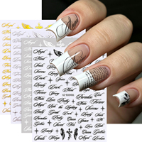 Lot de 4 autocollants pour ongles Ailes d'ange, lettres et mots dorés, noirs, argentés, croix vintage, étoiles – Décorations DIY pour manucure