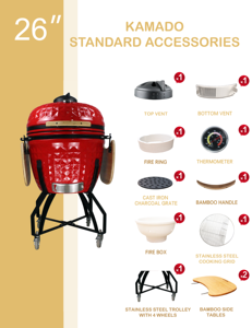 Barbecue <span class=keywords><strong>Kamado</strong></span> Céramique Moderne Premium 25,9 pouces avec Chariot en Acier Inoxydable et Allumage Électronique pour Usage Domestique et Extérieur - Grill, <span class=keywords><strong>Fumoir</strong></span>, Cuisson - Product Image 5
