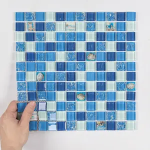Высококачественный Настенный декор для ванной комнаты, перламутровая раковина, голубая кристаллическая стеклянная мозаичная плитка, полимерная мозаичная плитка для бассейна