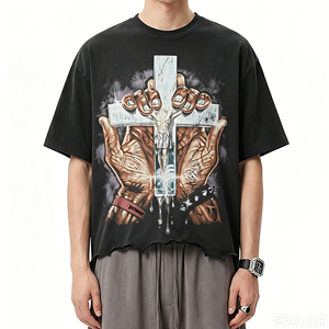 เสื้อยืดสตรีทแวร์คอกลมแขนสั้นพิมพ์ลายกราฟิกทรงโอเวอร์ไซส์ ผ้าคอตตอน 100% น้ำหนัก 300 กรัม แบบวินเทจ - Product Image 2