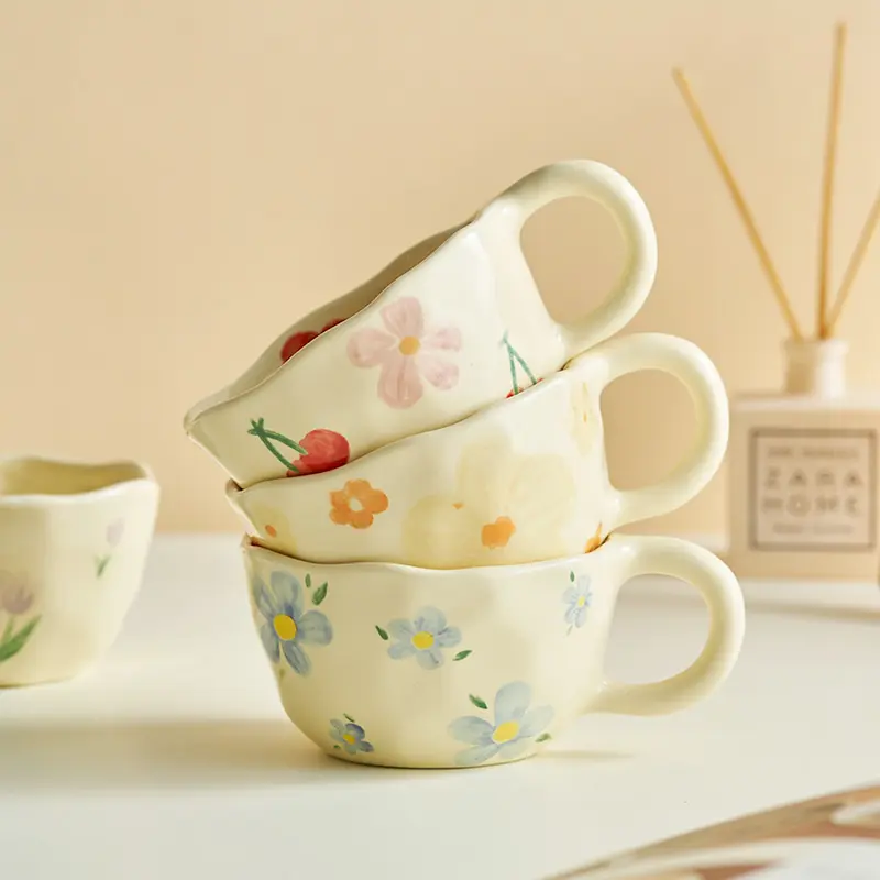 Handmade 10oz không thường xuyên hoa anh đào thiết kế tùy chỉnh món quà hàng ngày gốm bột yến mạch ăn sáng Mug cà phê Mug trà cup Handgrip
