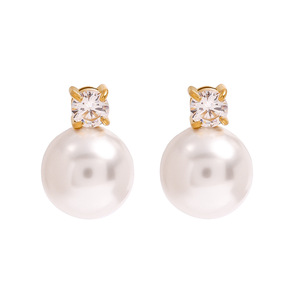 Pendientes de Perlas con Baño de Oro de 18k, Acero Inoxidable, Forma de Bola, Engaste de Garra, Joyería para Uso Diario - Product Image 1