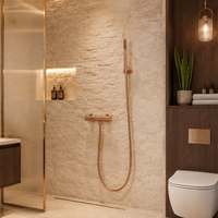 Ensemble de douche en cuivre laqué laiton brossé moderne avec mitigeur céramique trois voies, idéal pour hôtels, finition or rose pour salle de bain