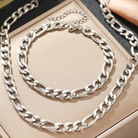 Ensemble de bijoux collier et bracelet en acier inoxydable plaqué argent, style classique vintage punk, chaîne cubaine géométrique, pour anniversaire