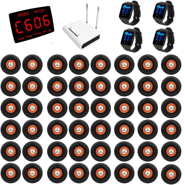 Wireless Waitstaff Calling System: Main unit with LED display + wristwatch-style pager + signal booster, round call button