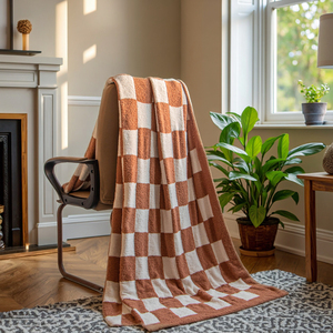 Manta de Punto Personalizada a Cuadros Blancos <span class=keywords><strong>con</strong></span> Textura Marrón, Mantas Cálidas de Franela de Poliéster para <span class=keywords><strong>Cama</strong></span>, Sofá, para la Vida en el Hogar - Product Image 1