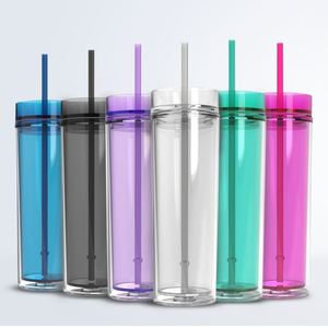 Vaso Acrílico de Doble Pared de 16 oz, Botella de Agua de Plástico con Pajita, Diseño Delgado, Superventas - Product Image 1
