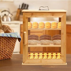 3-Layer Bamboo Bread Bin With Clear <strong>Window</strong> Bread Holder Storage Bins Organizer Bread Box With Removable <strong>Shelves</strong> for Countertop