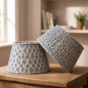 Navy Blue Floral Print Linen <b>Lampshade</b> | Natural Beige Fabric Pleated Drum Shade | Decorative Table, <b>Floor</b> & Pendant <b>Lamp</b> Shade - Product Image 4
