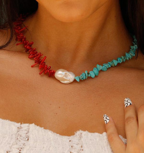 Gioielli fatti a mano della collana di perline di pietra del corredo e del turchese della perla di Boho per le donne - Product Image 1