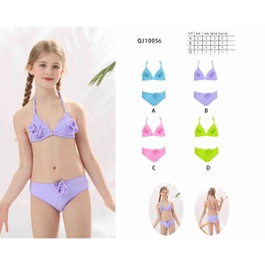 Conjunto de Bikini HDJ para Niñas, 2 Piezas, Top Halter de Cintura Alta con Flor 3D, Color Sólido, Spandex y Poliéster QJ10056 - Product Image 1
