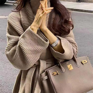 Cardigã Feminino de Tricô com Decote em V, Estilo Casual e Descontraído, com Cinto para Atar na Cintura, para Outono Inverno - Product Image 4