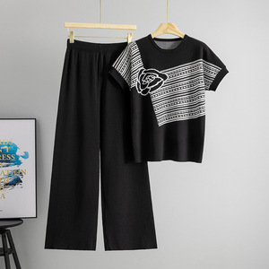 Ensemble de chandails en tricot pour femmes, été, manches courtes, pantalon ample, deux pièces, vêtements décontractés tendance - Product Image 2