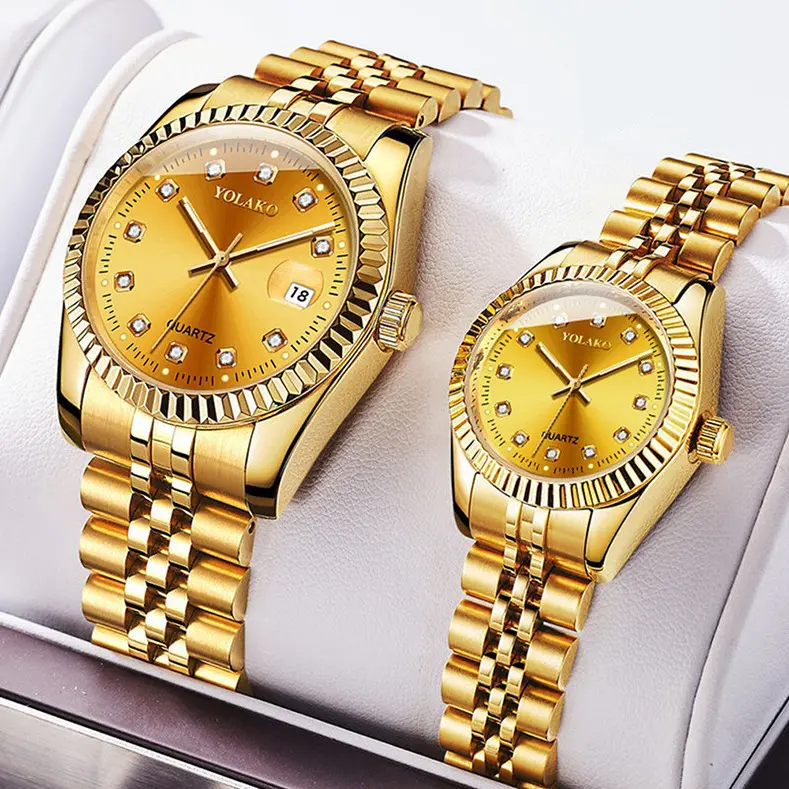 New Golden Luxury Quartz Couple Watches Gold Bracelet Wrist Watches Full Steel Fashion Creative Female Male Clock Gift 2022